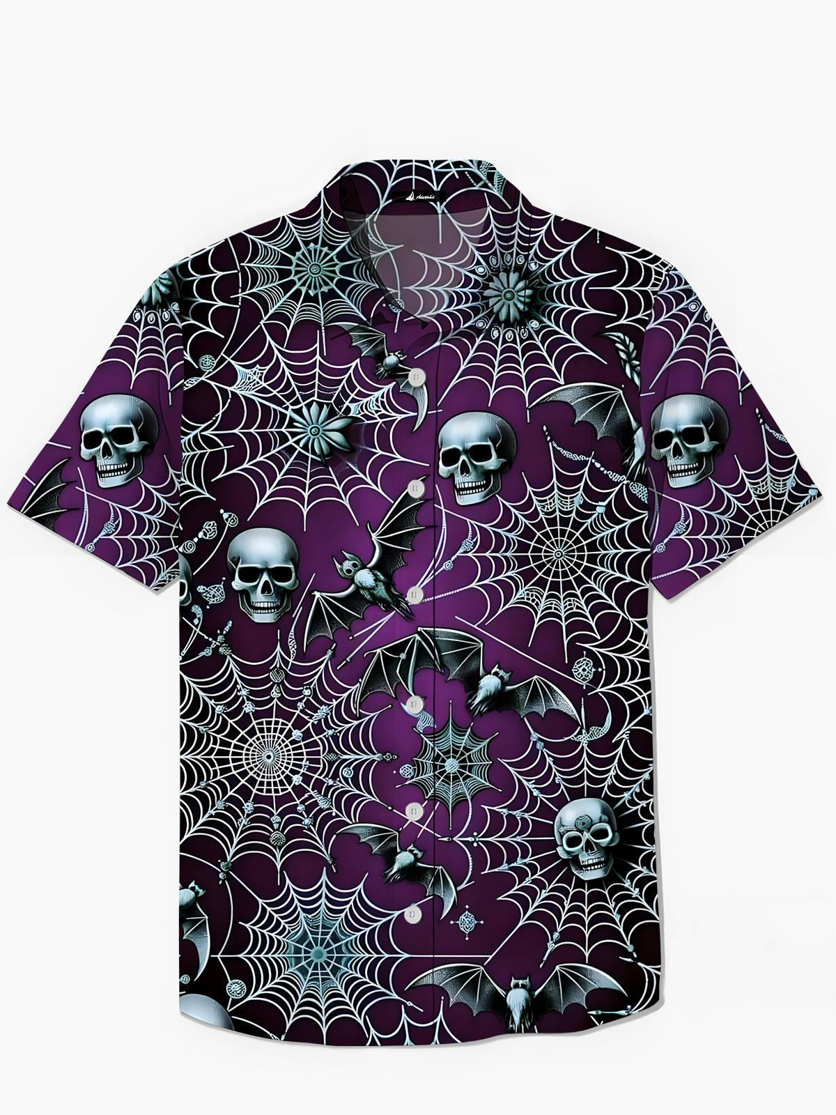 Skull Bat Spider Web Print Men's Pocket Short Sleeve Shirts