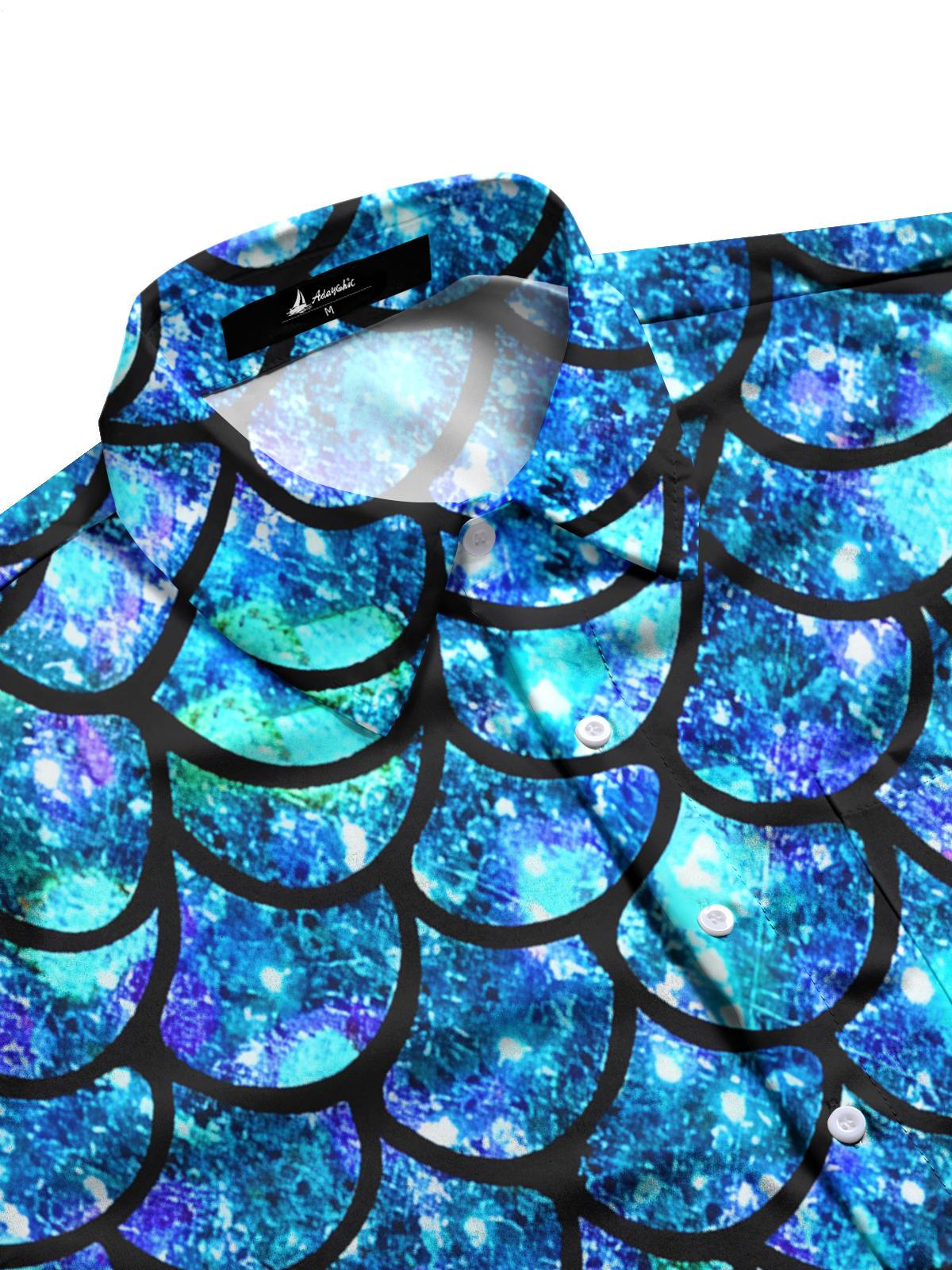 Fish Scale Print Men's Pocket Short Sleeve Shirts