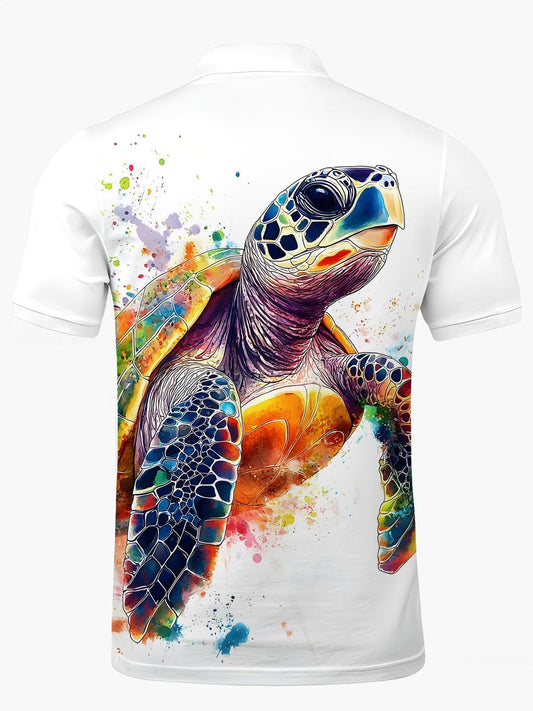 Turtle Print Men's Short Sleeve Button Polo Shirt