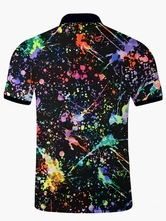 Ink Splash Print Men's Short Sleeve Button Polo Shirt