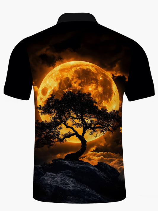 Moon Tree Print Men's Short Sleeve Button Polo Shirt