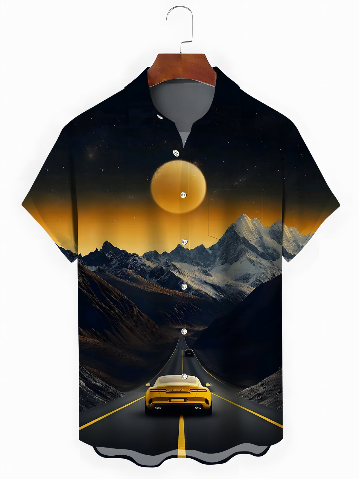 Sunset Mmountain Car Print Men's Pocket Short Sleeve Shirts