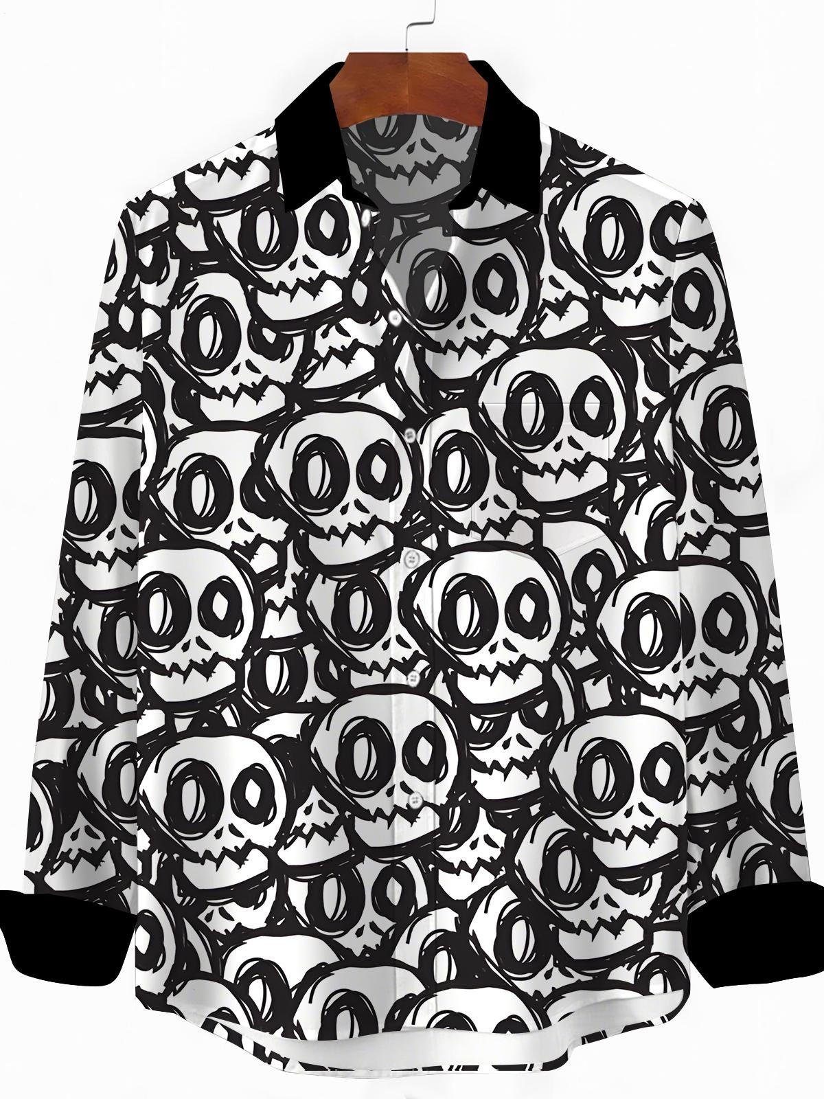 Funny Skull Print Men's Pocket Long Sleeve Shirts