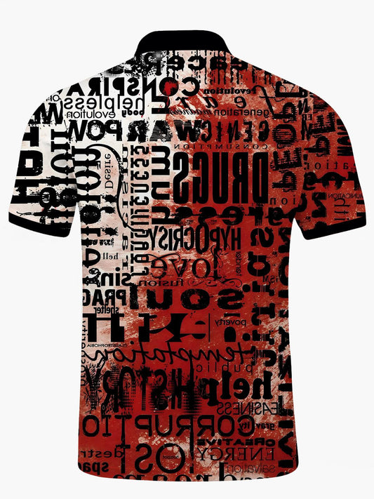 Letter Print Men's Short Sleeve Button Polo Shirt