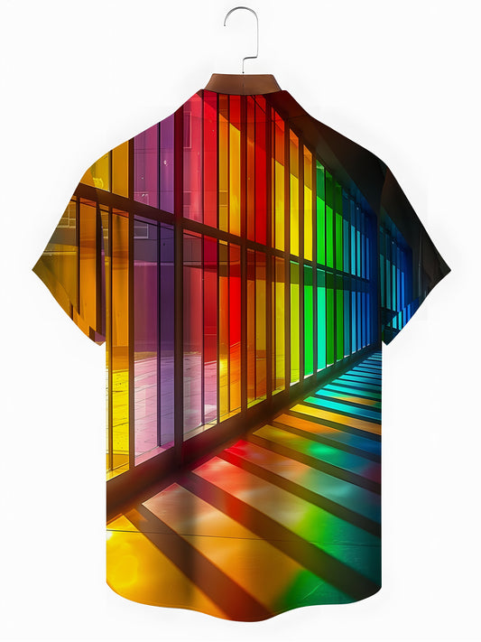 Rainbow Window Print Men's Pocket Short Sleeve Shirts