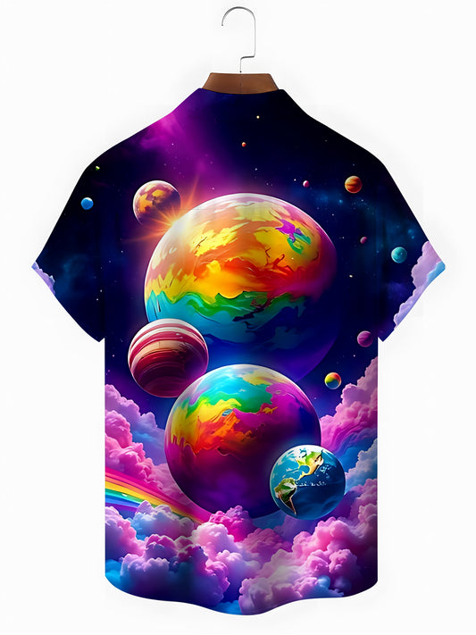 Cosmic Planet Print Men's Pocket Short Sleeve Shirts