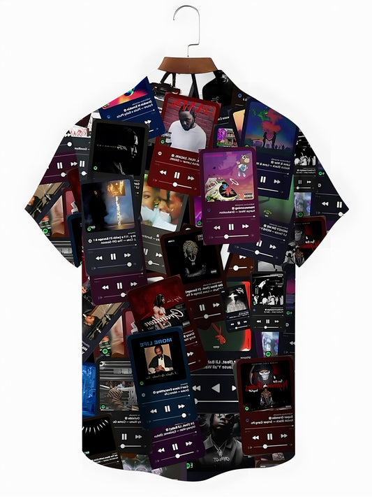Music Print Men's Pocket Short Sleeve Shirts