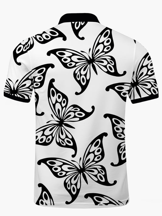 Butterfly Print Men's Short Sleeve Button Polo Shirt