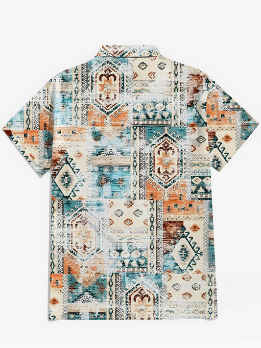 Vintage Ethnic Pattern Print Men's Pocket Short Sleeve Shirts