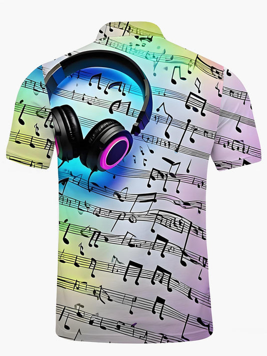 Earphone Note Print Men's Short Sleeve Button Polo Shirt