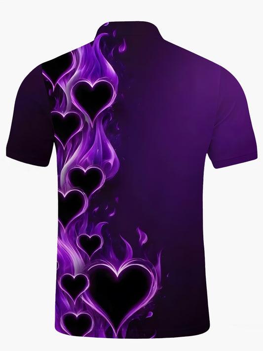Heart Print Men's Short Sleeve Button Polo Shirt