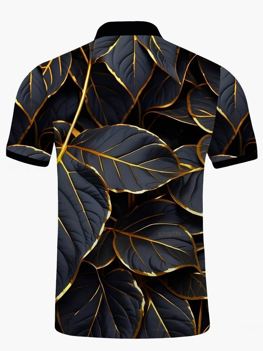 Leaf Print Men's Short Sleeve Button Polo Shirt