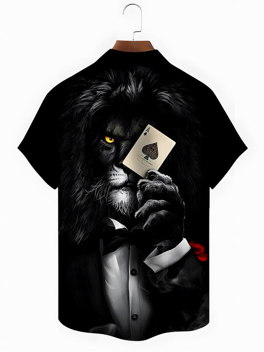 Lion Poker print Men's Pocket Short Sleeve Shirts