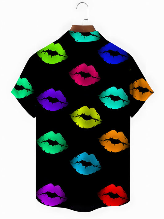 Lips Print Men's Pocket Short Sleeve Shirts