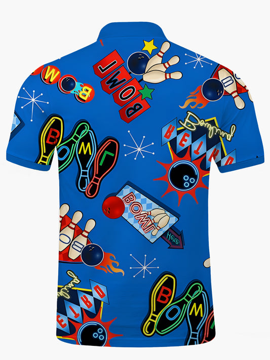 Bowling Print Men's Short Sleeve Button Polo Shirt