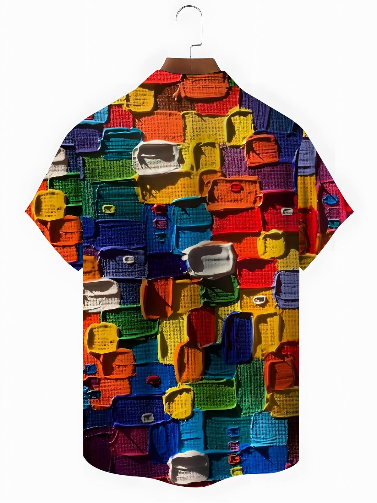 Color Block Print Men's Pocket Short Sleeve Shirts
