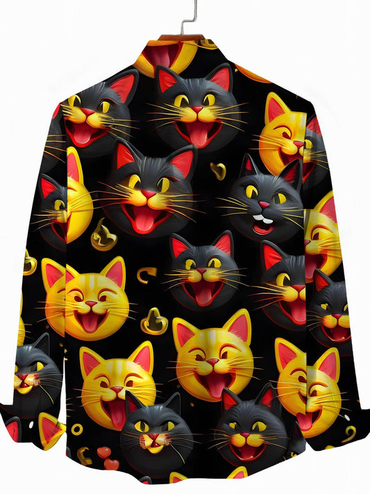 Cat Print Men's Pocket Long Sleeve Shirts