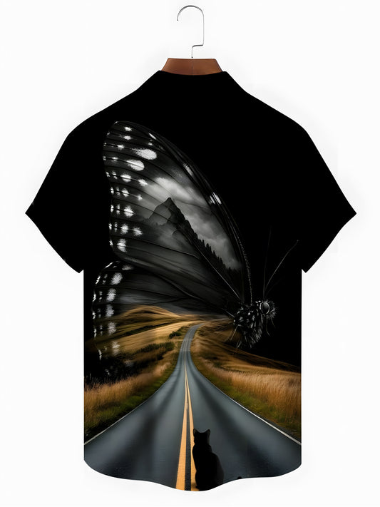 Butterfly Black Cat Print Men's Pocket Short Sleeve Shirts