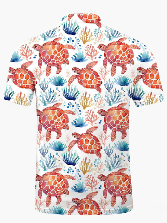 Turtle Print Men's Short Sleeve Button Polo Shirt
