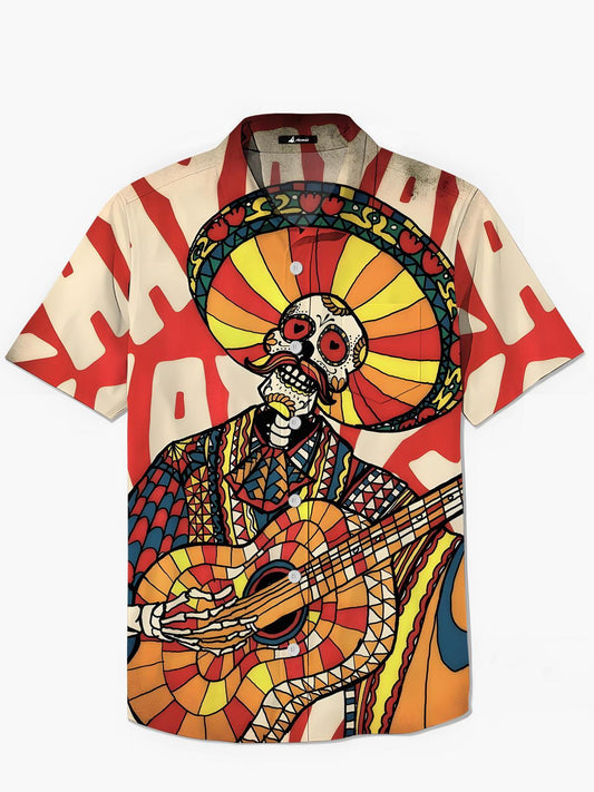 Funny Skull Print Men's Pocket Short Sleeve Shirts