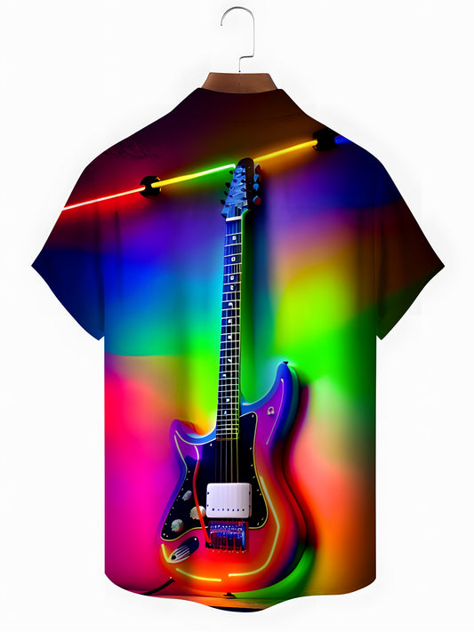 Guitar Print Men's Pocket Short Sleeve Shirts