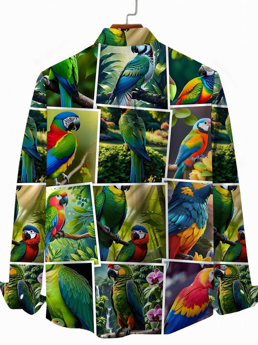 Parrot Print Men's Pocket Long Sleeve Shirts