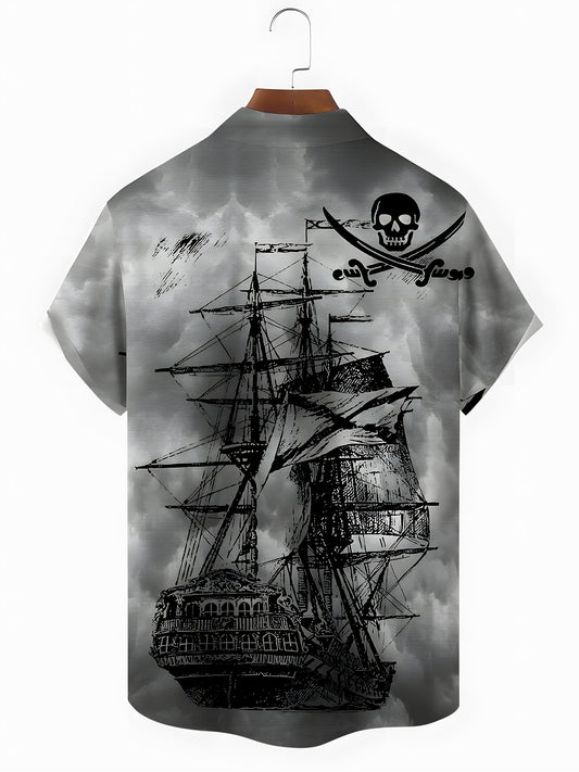 Dark Boat Skull Men's Pocket Short Sleeve Shirts