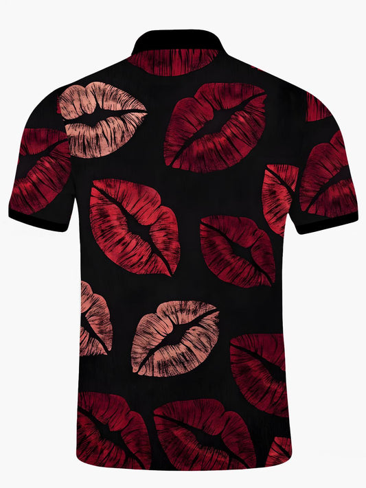 Lip Print Men's Short Sleeve Button Polo Shirt