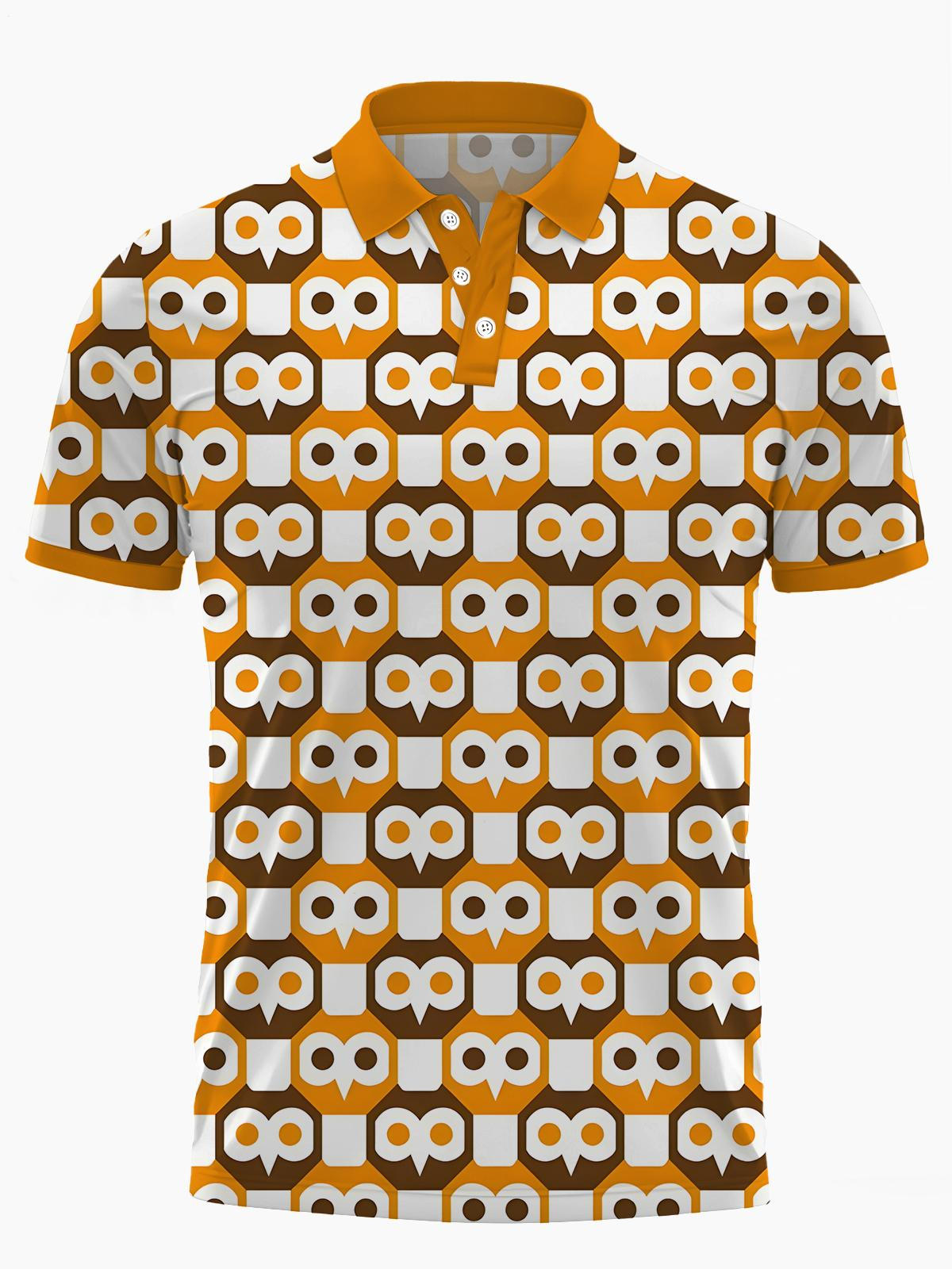 Owl Print Men's Short Sleeve Button Polo Shirt