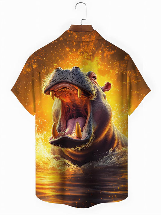Hippo Print Men's Pocket Short Sleeve Shirts