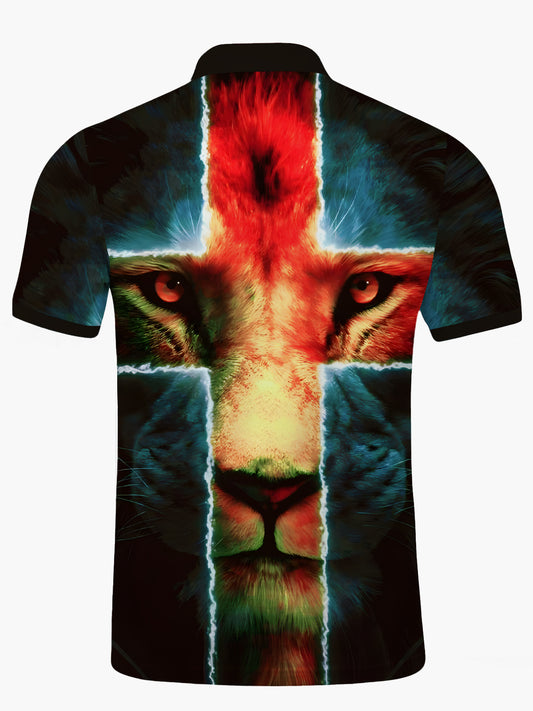 Lion Print Men's Short Sleeve Button Polo Shirt