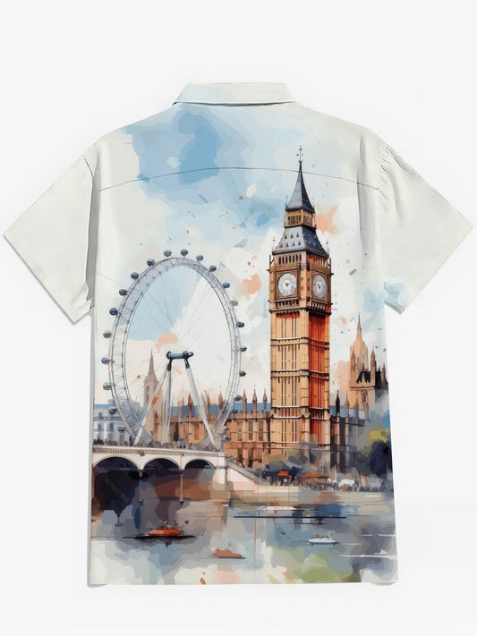Big Ben London Eye Watercolor Print Men's Pocket Short Sleeve Shirts