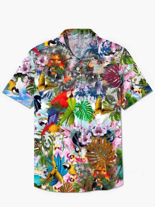 Hawaiian Plant Parrot Leaf Print Men's Pocket Short Sleeve Shirts
