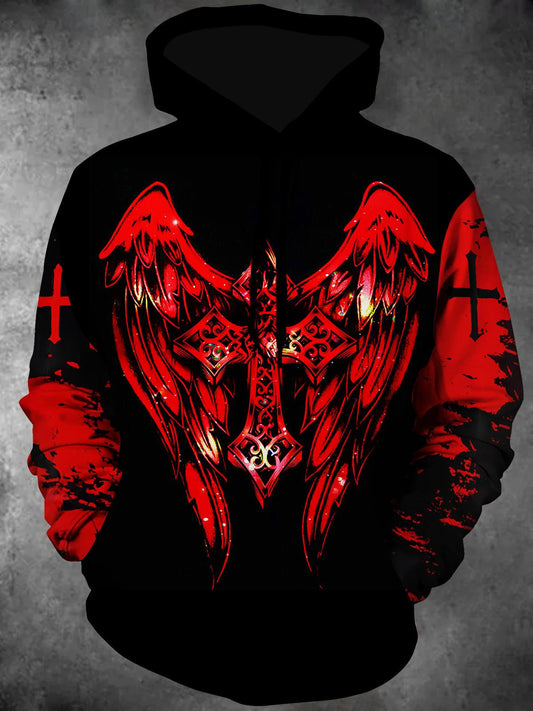 Dark Cross Wings Religion Long Sleeve Hooded Pocket Men's Top