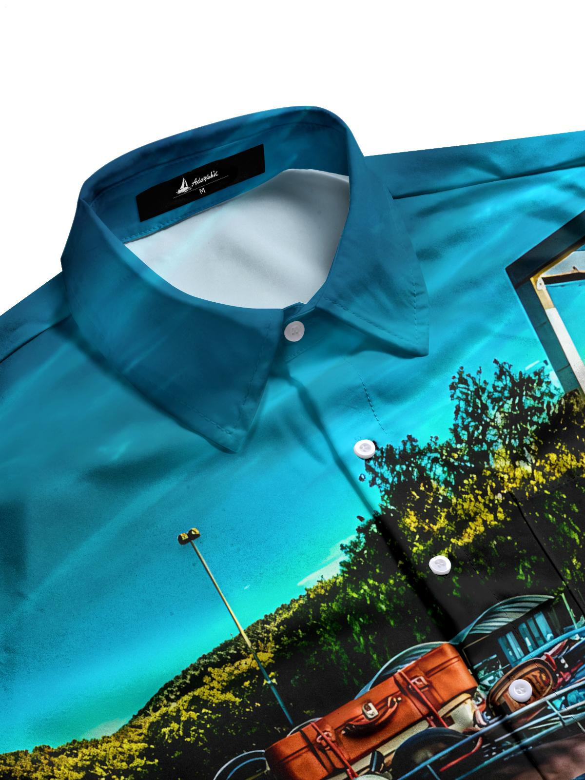 Retro Car Print Men's Pocket Short Sleeve Shirts