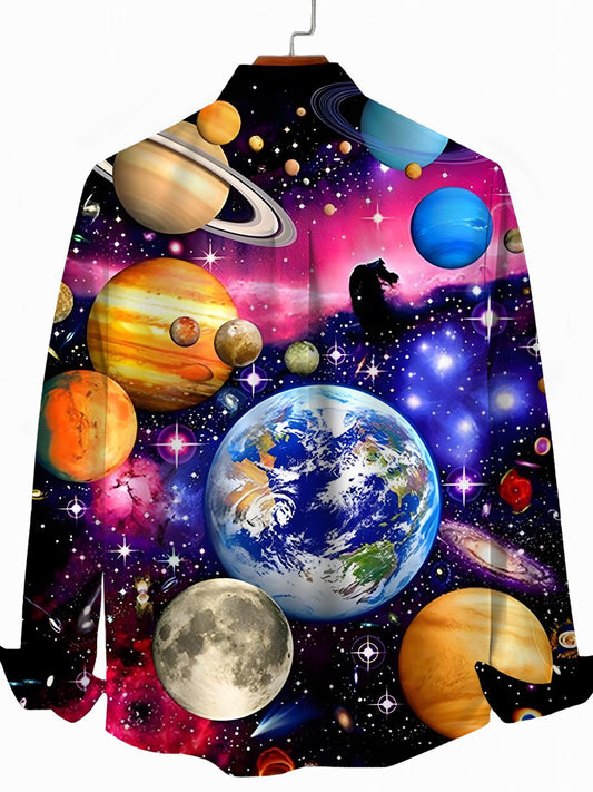 Universe Planet Print Men's Pocket Long Sleeve Shirts