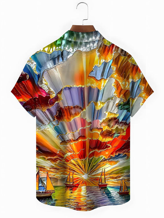 Sailboat Geometric Art Print Men's Pocket Short Sleeve Shirts