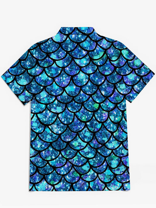 Fish Scale Print Men's Pocket Short Sleeve Shirts