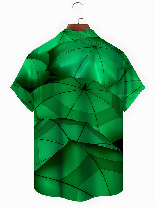Green Umbrella Print Men's Pocket Short Sleeve Shirts