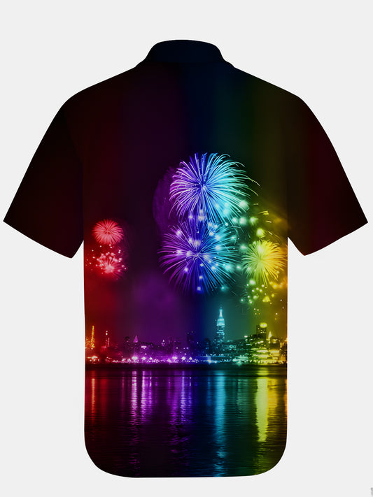 Rainbow Fireworks Print Men's Pocket Short Sleeve Shirts