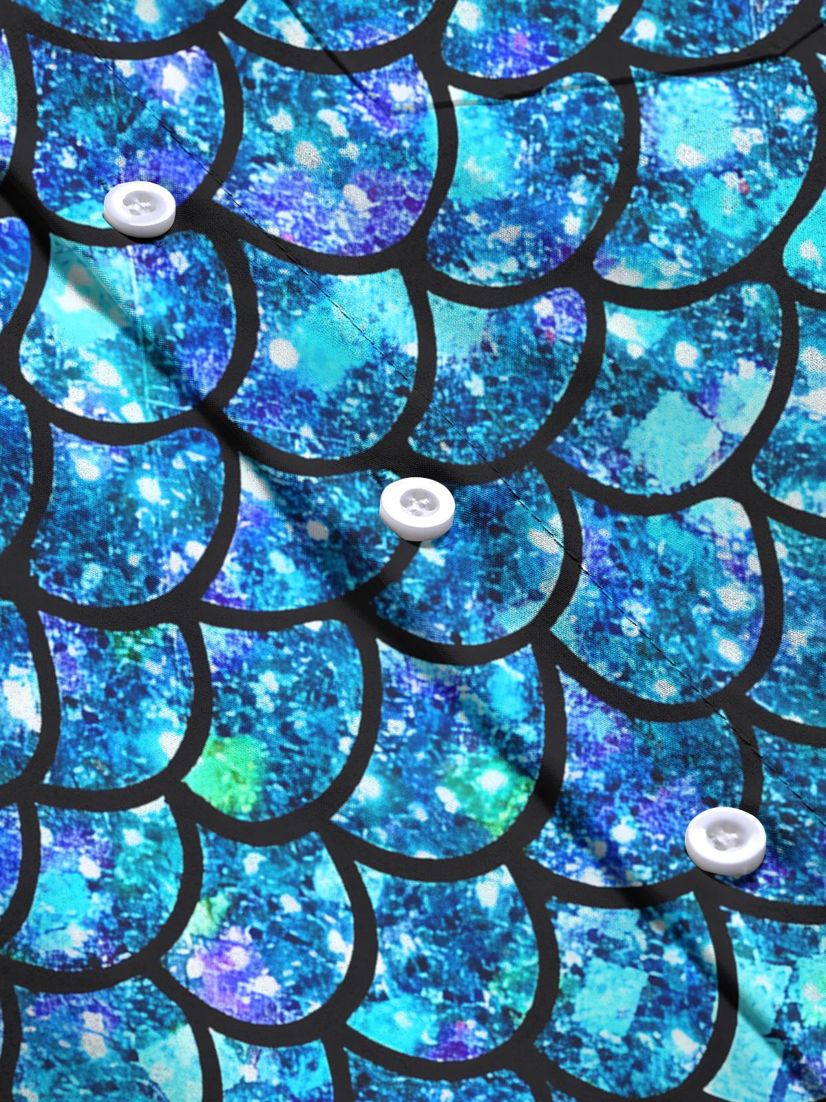 Fish Scale Print Men's Pocket Short Sleeve Shirts