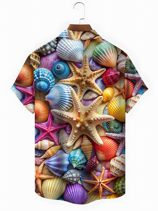 Hawaiian Shell Starfish Print Men's Pocket Short Sleeve Shirts