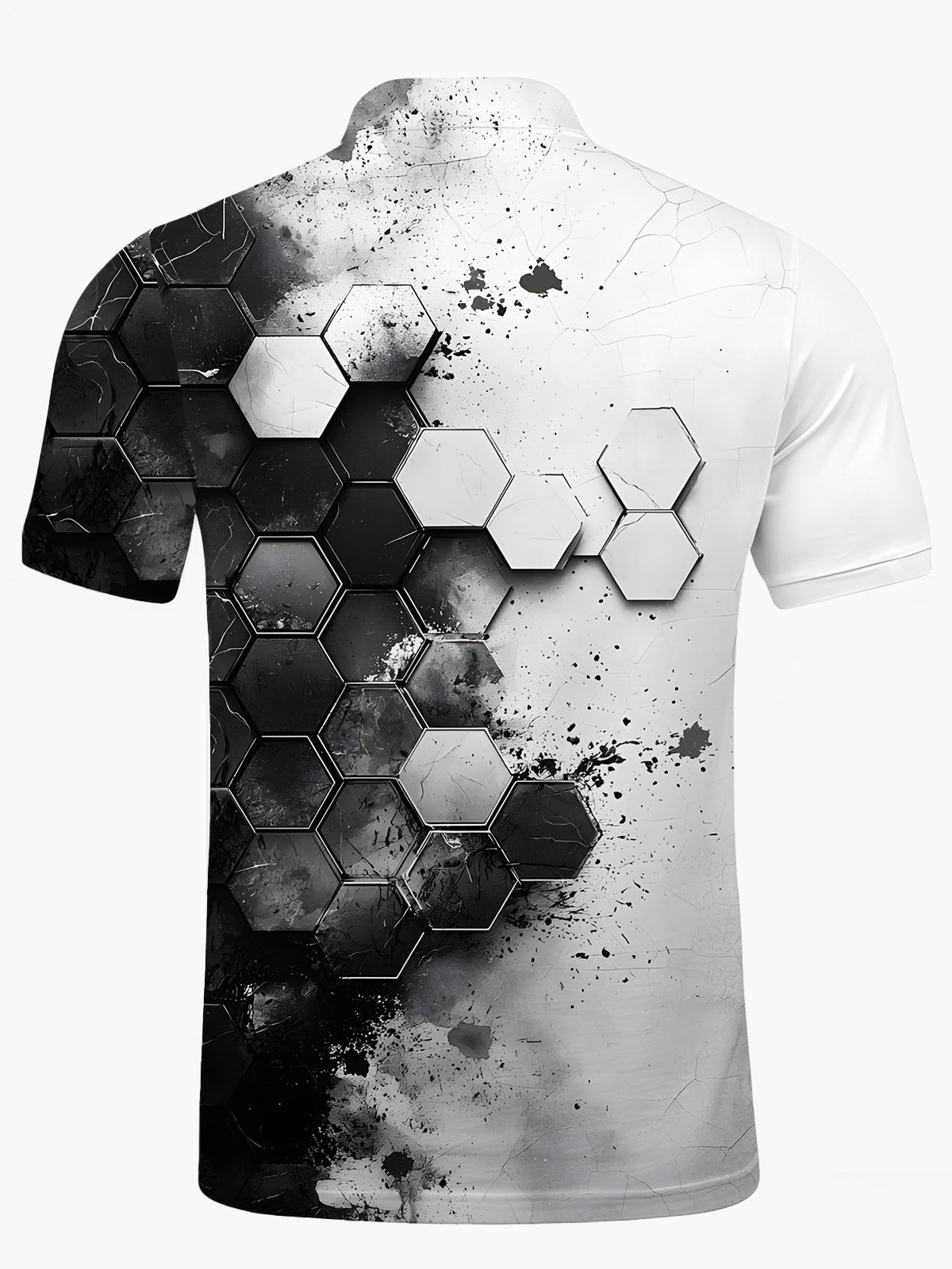 Black White Gradient Geometric Print Men's Short Sleeve Button Polo Shirt