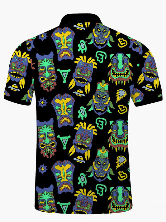 Tiki Print Men's Short Sleeve Button Polo Shirt