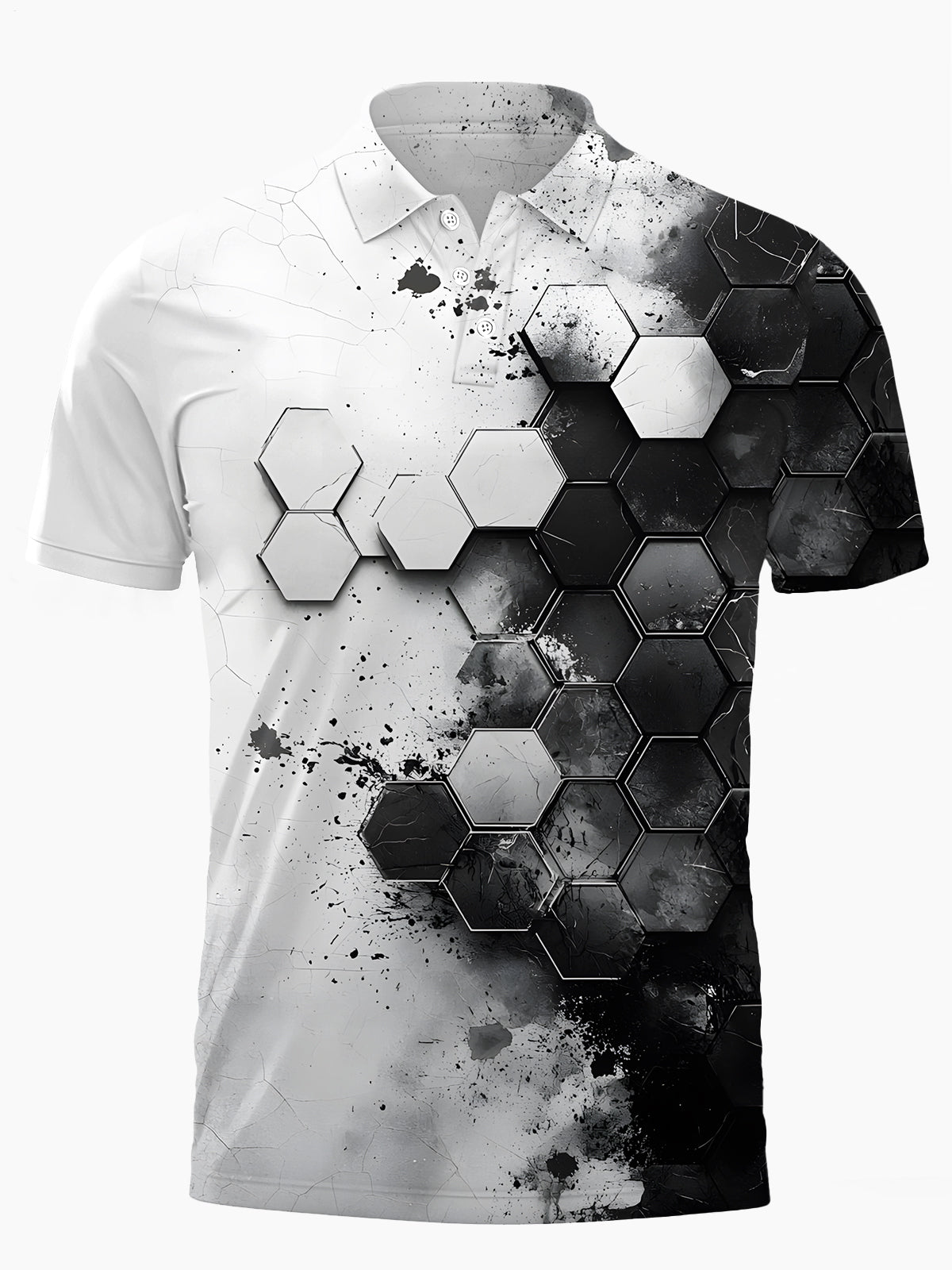 Black White Gradient Geometric Print Men's Short Sleeve Button Polo Shirt