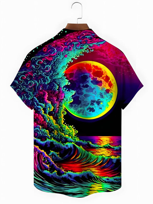 Moon Print Men's Pocket Short Sleeve Shirts