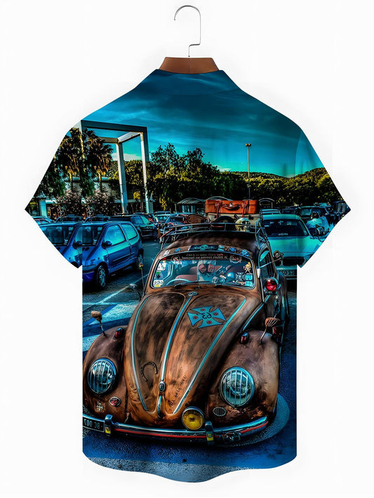 Retro Car Print Men's Pocket Short Sleeve Shirts