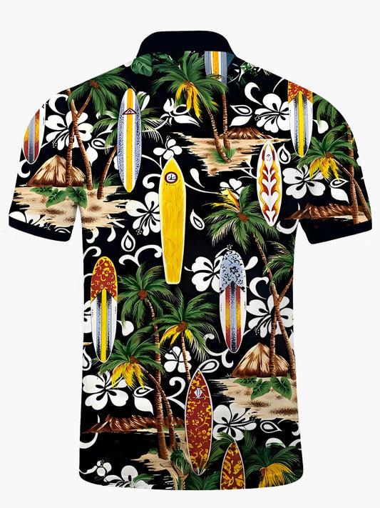 Hawaiian Coconut Tree Men's Short Sleeve Button Polo Shirt
