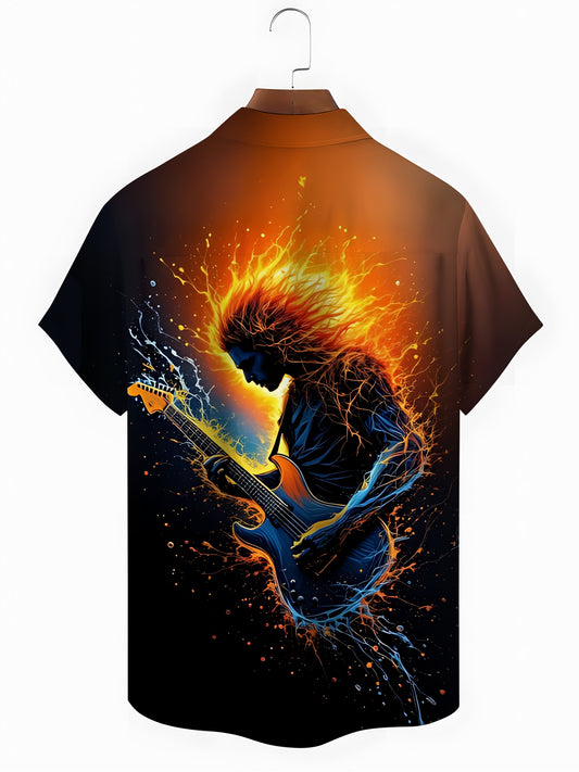 Rock Guitar Print Men's Pocket Short Sleeve Shirts