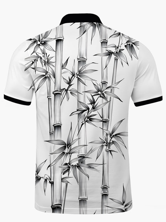 Bamboo Print Men's Short Sleeve Button Polo Shirt